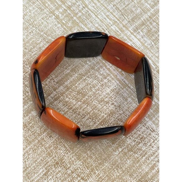 Tagua Nut Wide Stretch Cuff Bracelet Orange Brown - Picture 6 of 8